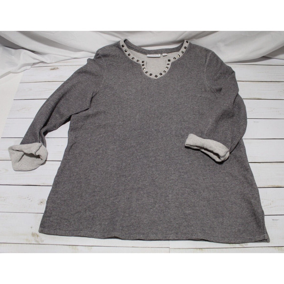Susan Graver Women's L Gray Knit Top Sweetheart Studded Neck Rolled 3/4 Sleeve - Picture 5 of 12